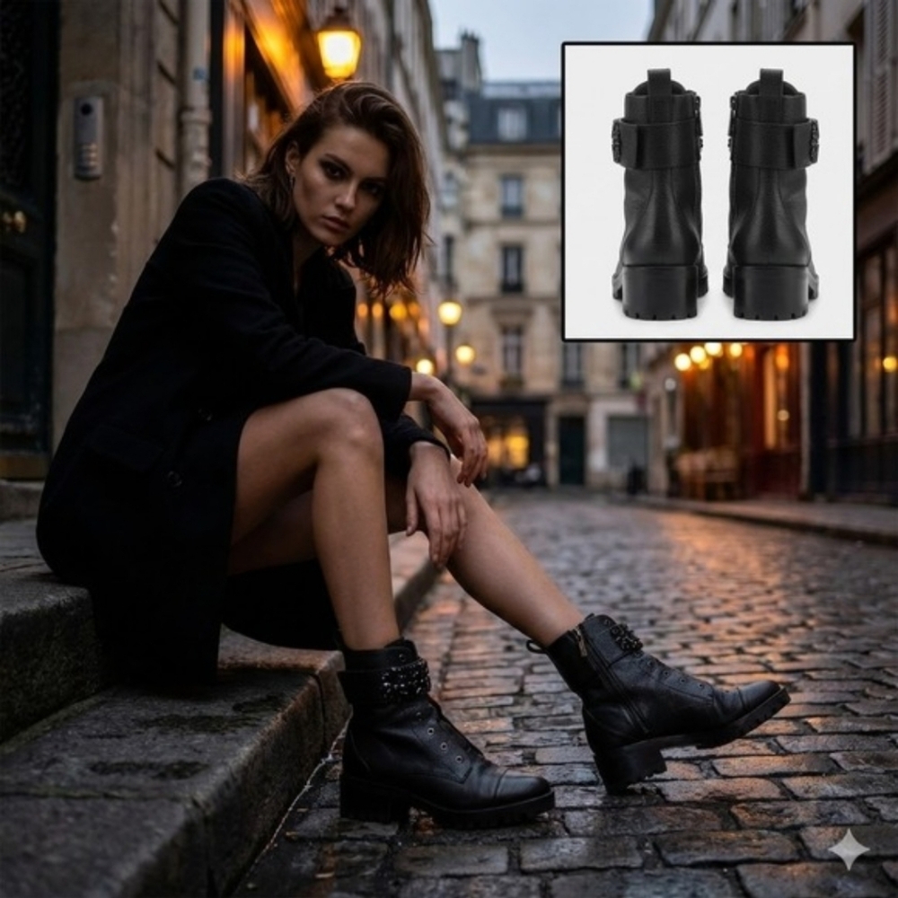 NEW Karl Lagerfeld Summer Mesh Black Leather PIPPA Combat Boots Lug Sole 7.5 - Picture 2 of 12